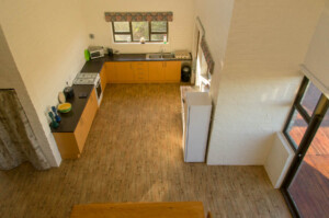 Oxalis Self-catering Cottage kitchen from mezzanine